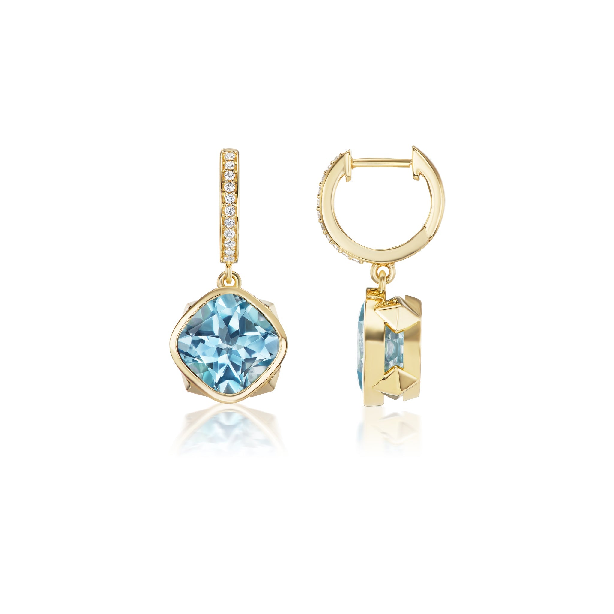 18 KT Yellow Gold Cushion Shaped Blue Topaz Earrings - Chris Correia